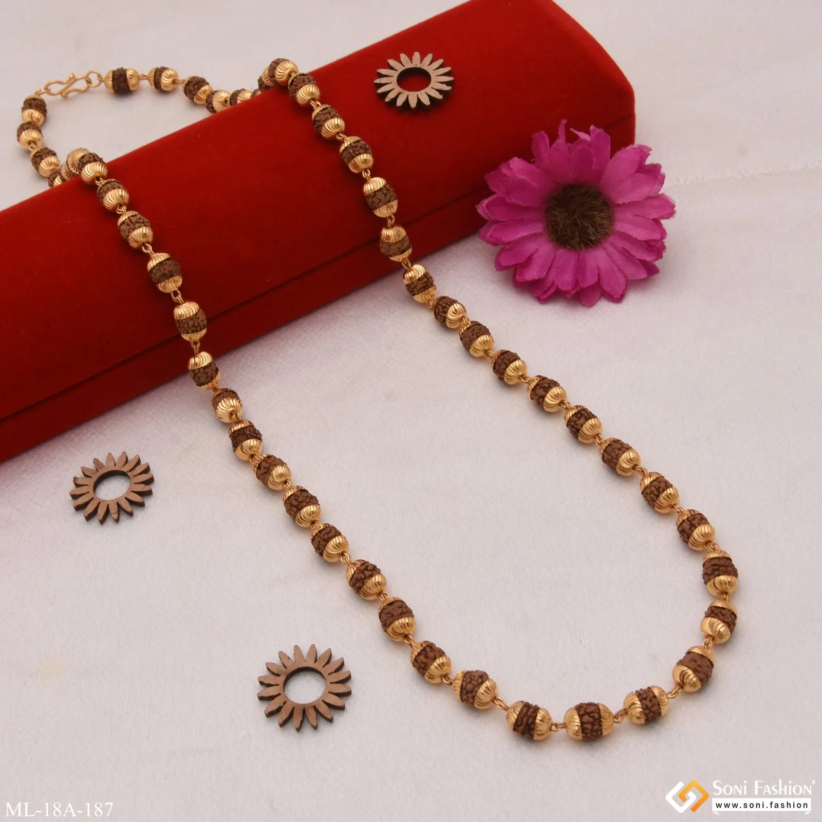 1 Gram Gold - Brown Delicate Design Gold Plated Rudraksha Mala for Men - Style A187