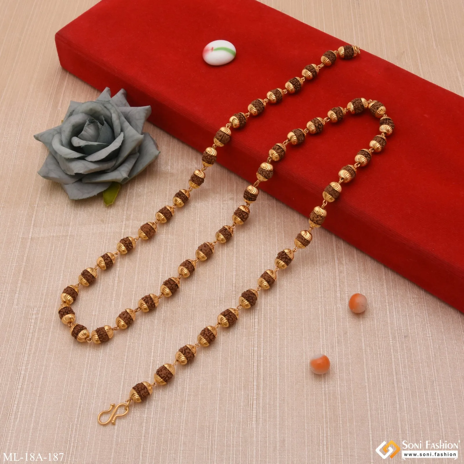 1 Gram Gold - Brown Delicate Design Gold Plated Rudraksha Mala for Men - Style A187