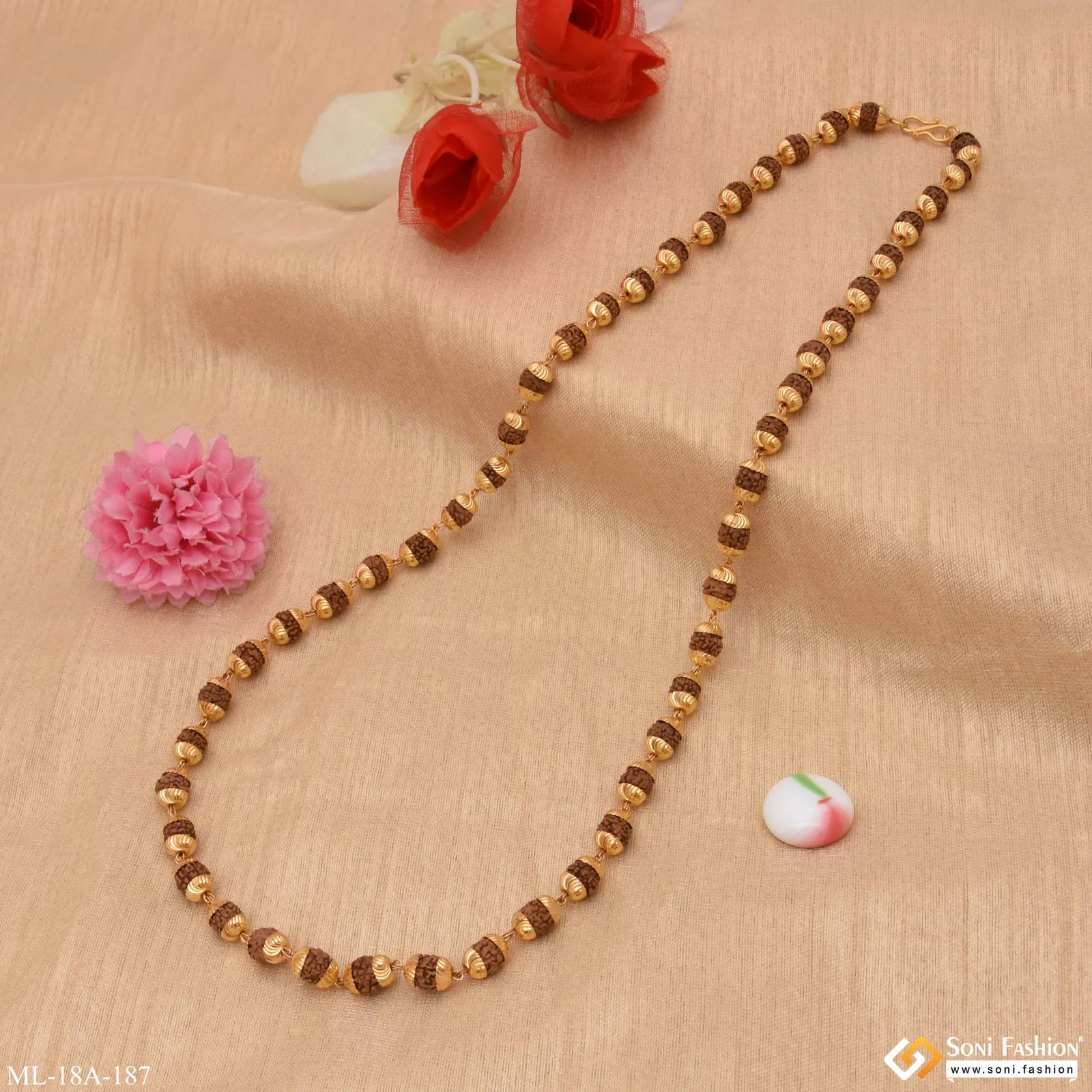 1 Gram Gold - Brown Delicate Design Gold Plated Rudraksha Mala for Men - Style A187