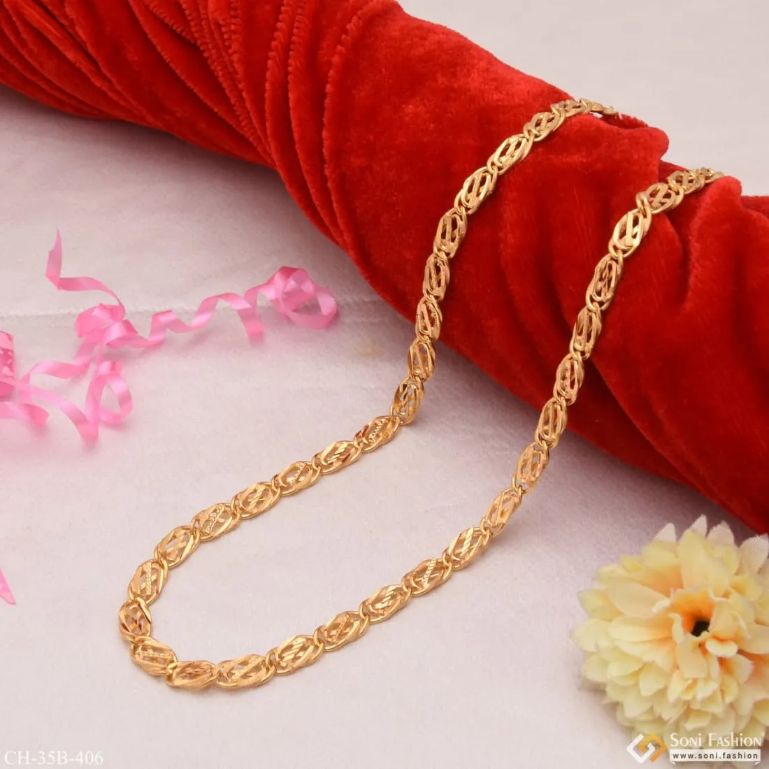 1 Gram Gold - Chokdi in Round Finely Detailed Design Gold Plated Chain - Style B406