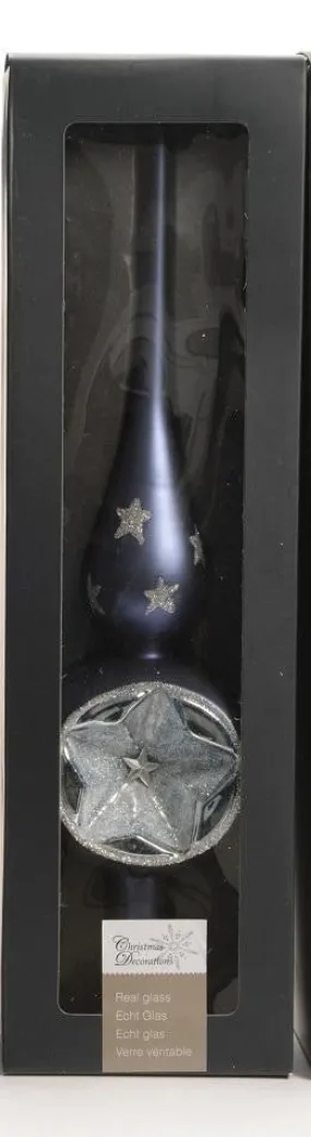 12" Winter Light Denim Blue Retro Reflector with Glittered Stars Christmas Finial Tree Topper