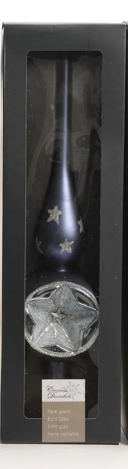 12" Winter Light Denim Blue Retro Reflector with Glittered Stars Christmas Finial Tree Topper