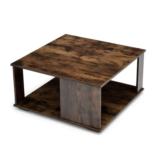 2 Tiers Square Coffee Table with Storage and Non-Slip Foot Pads-Rustic Brown