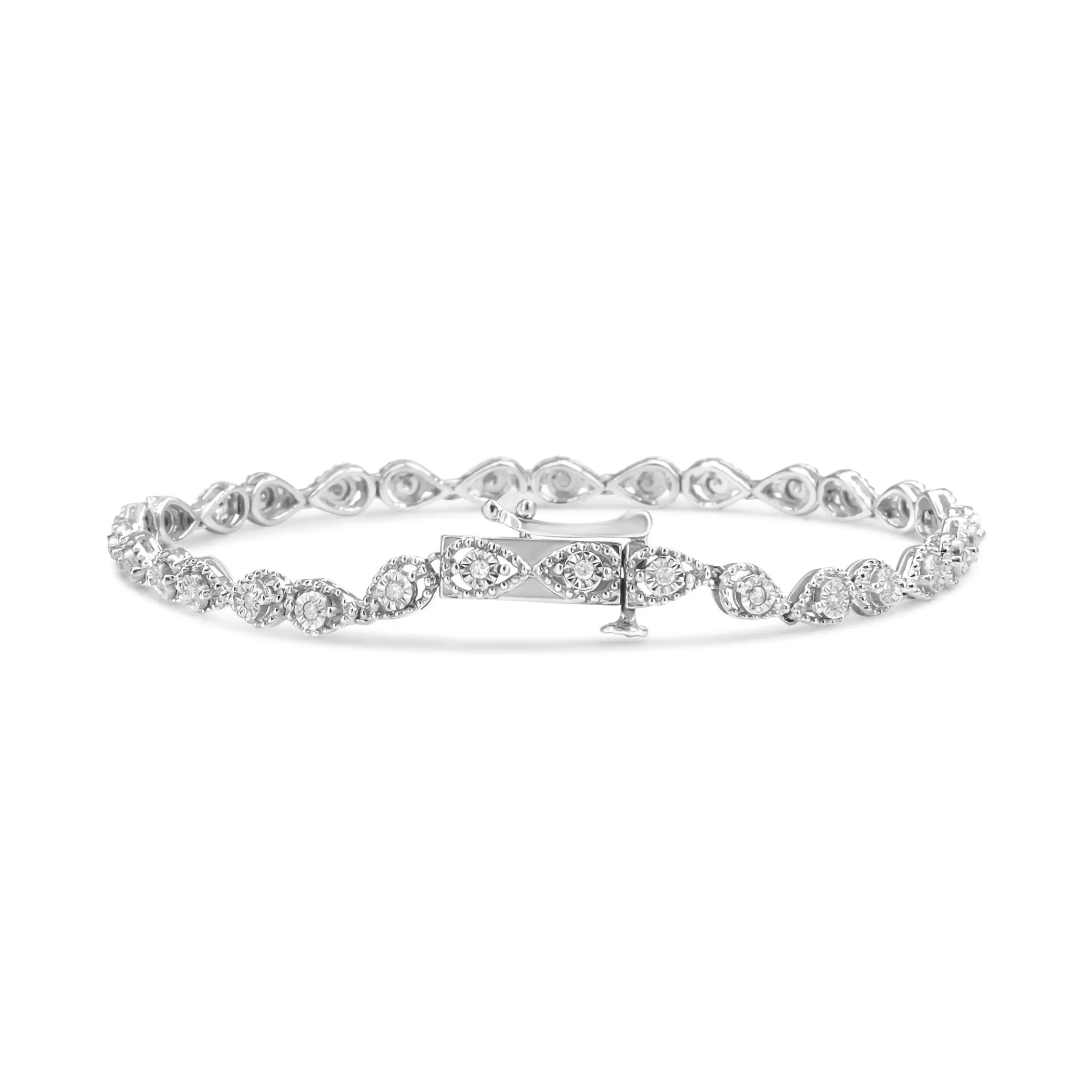 .925 Sterling Silver 1/4 Cttw Diamond Beaded Marquise Shape Link Bracelet (I-J Color, I1-I2 Clarity) - Size 7.25" Inches