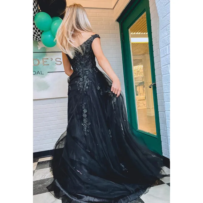 A-Line Off-Shoulder Tulle Appliques Sleeveless Prom Evening Formal Dress