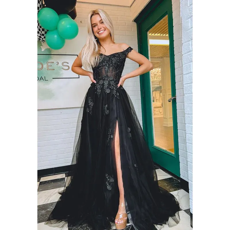 A-Line Off-Shoulder Tulle Appliques Sleeveless Prom Evening Formal Dress