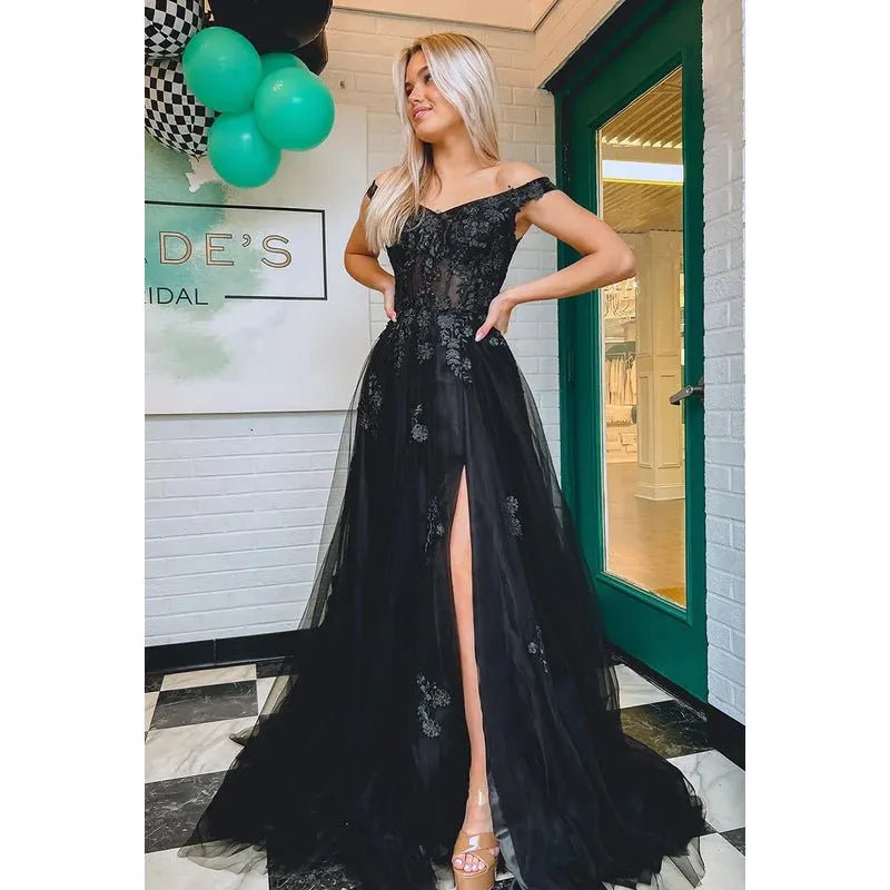 A-Line Off-Shoulder Tulle Appliques Sleeveless Prom Evening Formal Dress