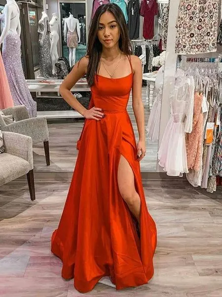 A Line Spaghetti Straps Red Satin Long Prom with Slit, Red Formal Graduation Evening Dress      fg6586