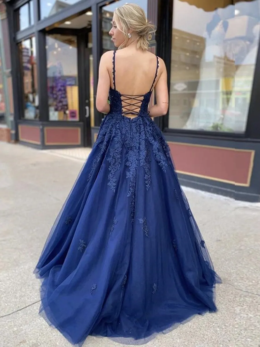 A Line V Neck Backless Navy Blue Lace Prom Dresses 2020, Backless Navy Blue Lace Formal Dresses, Navy Blue Lace Evening Dresses