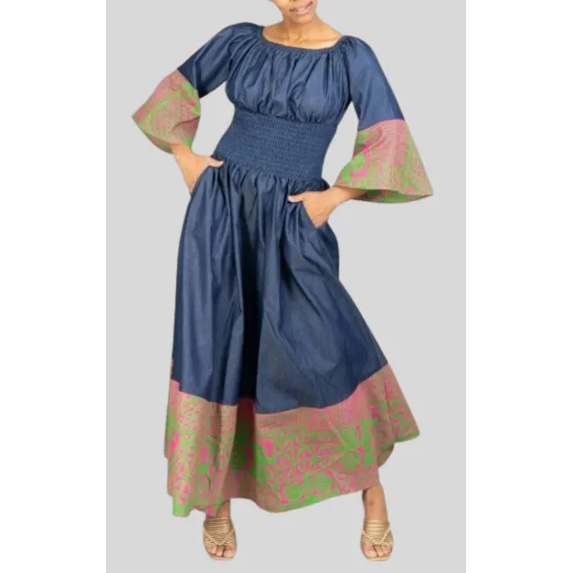 African Print Smock Waist Maxi Dress Ankle Length Bell Sleeve Denim