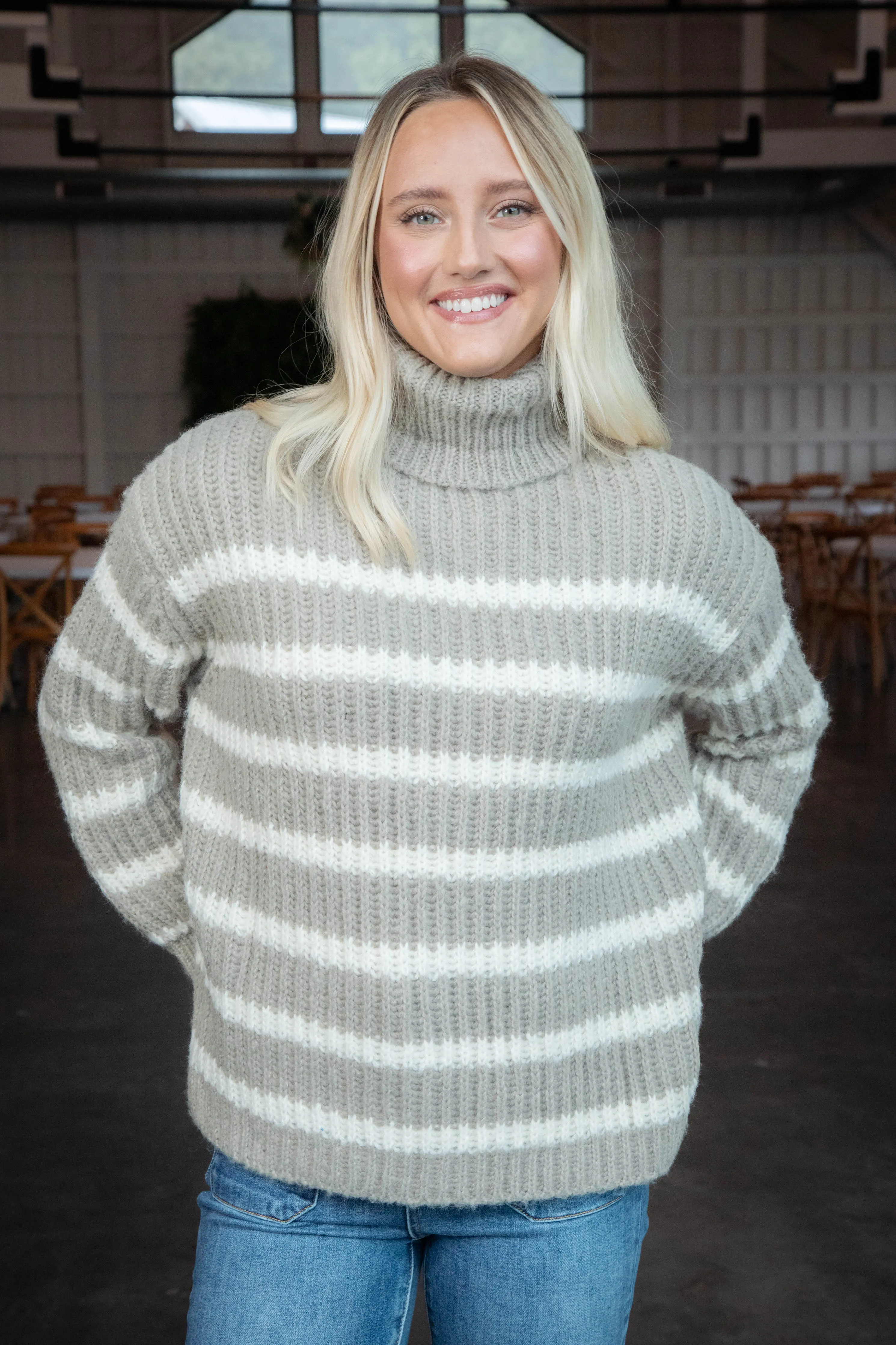 Aki Turtleneck Striped Sweater, Moss Ivory | Sadie & Sage