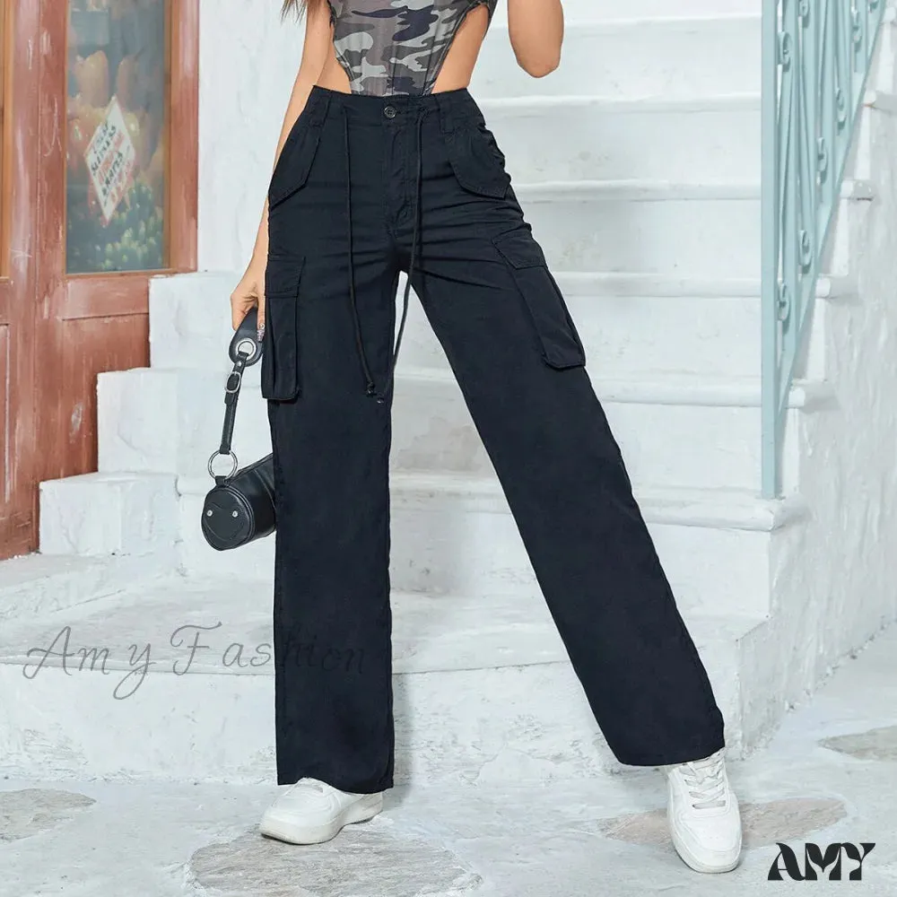 Amy Fashion - Multiple Pockets Straight Wide Leg Trousers