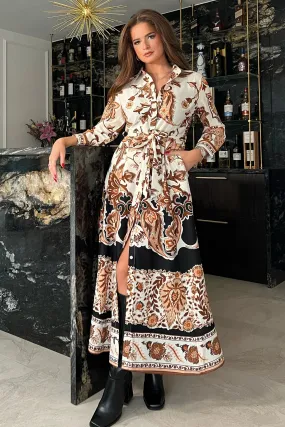 ANGELA BOARDER PRINT SHIRT MAXI DRESS (BROWN)