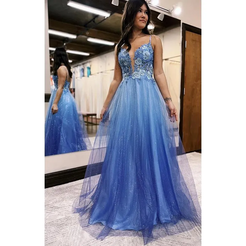 Appliques Spaghetti Straps Ombre Glitter Tulle Long Prom Evening Dress