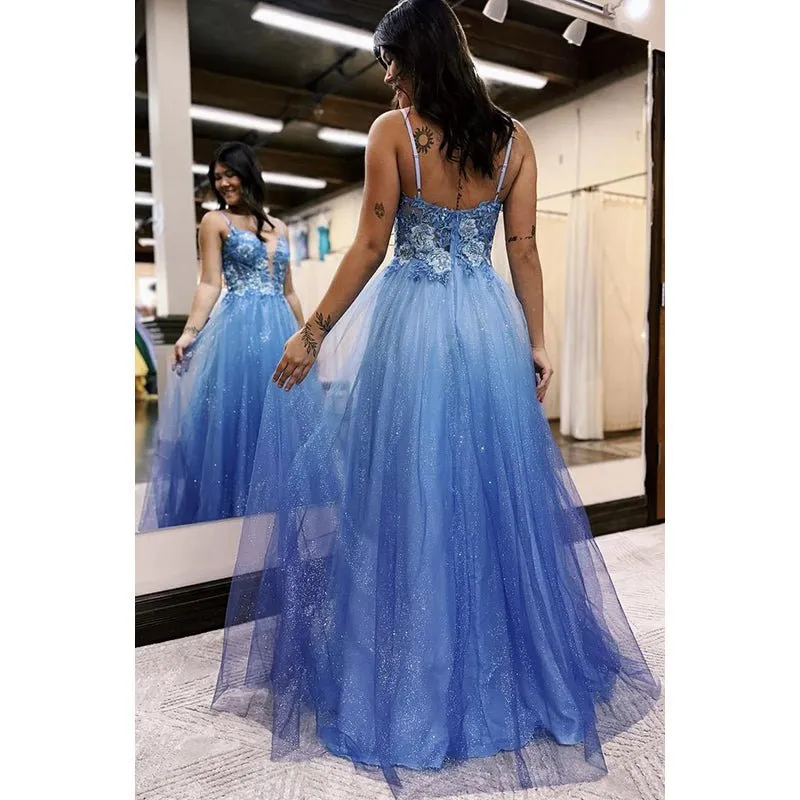 Appliques Spaghetti Straps Ombre Glitter Tulle Long Prom Evening Dress