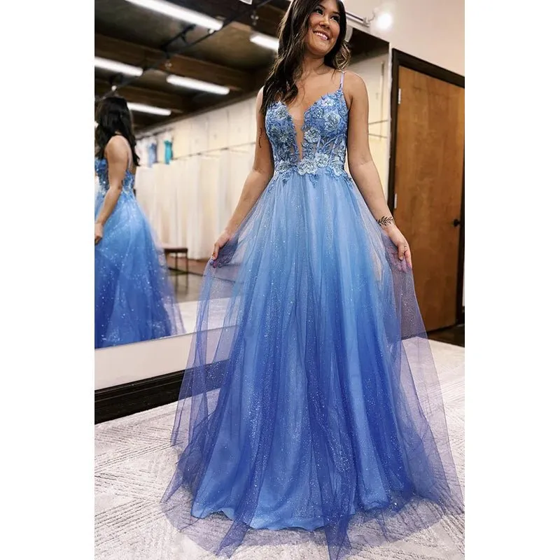 Appliques Spaghetti Straps Ombre Glitter Tulle Long Prom Evening Dress