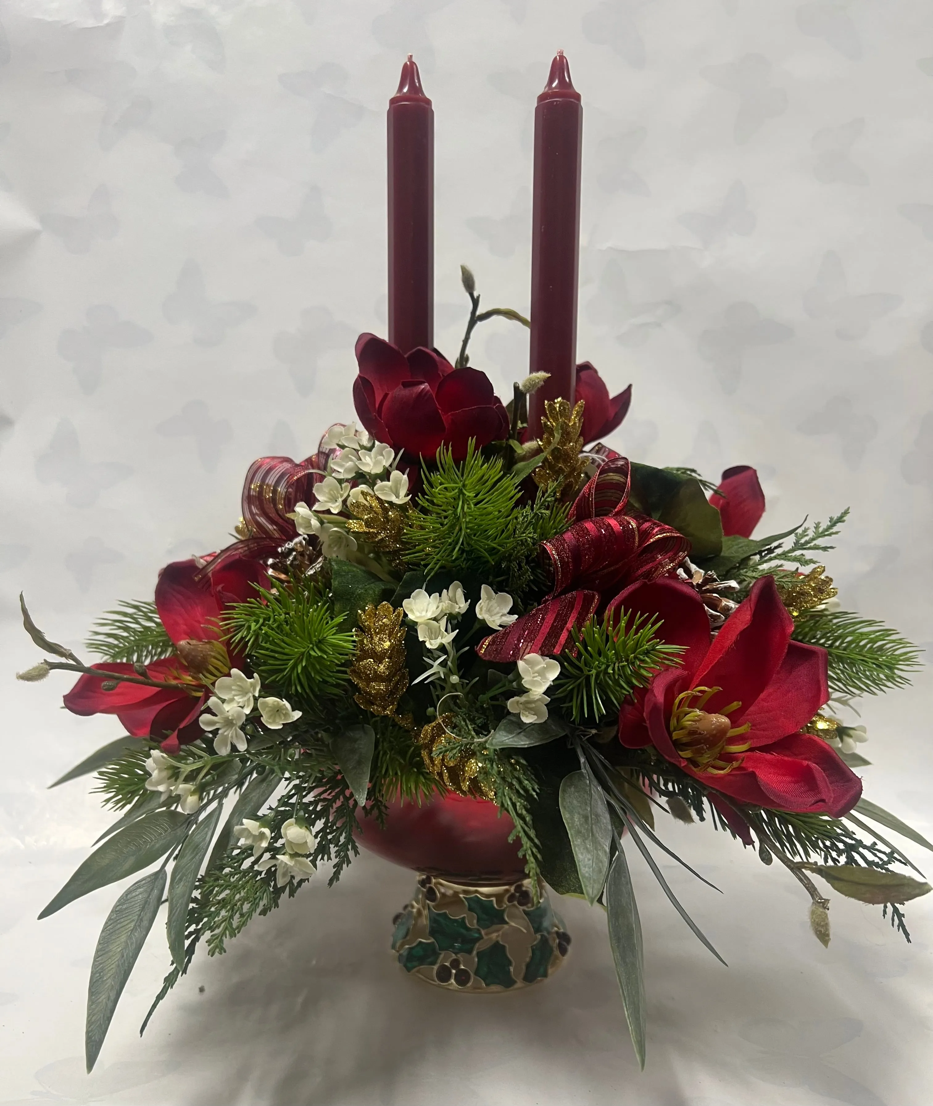 Artificial Christmas Arrangement - Pedestal Holly bowl