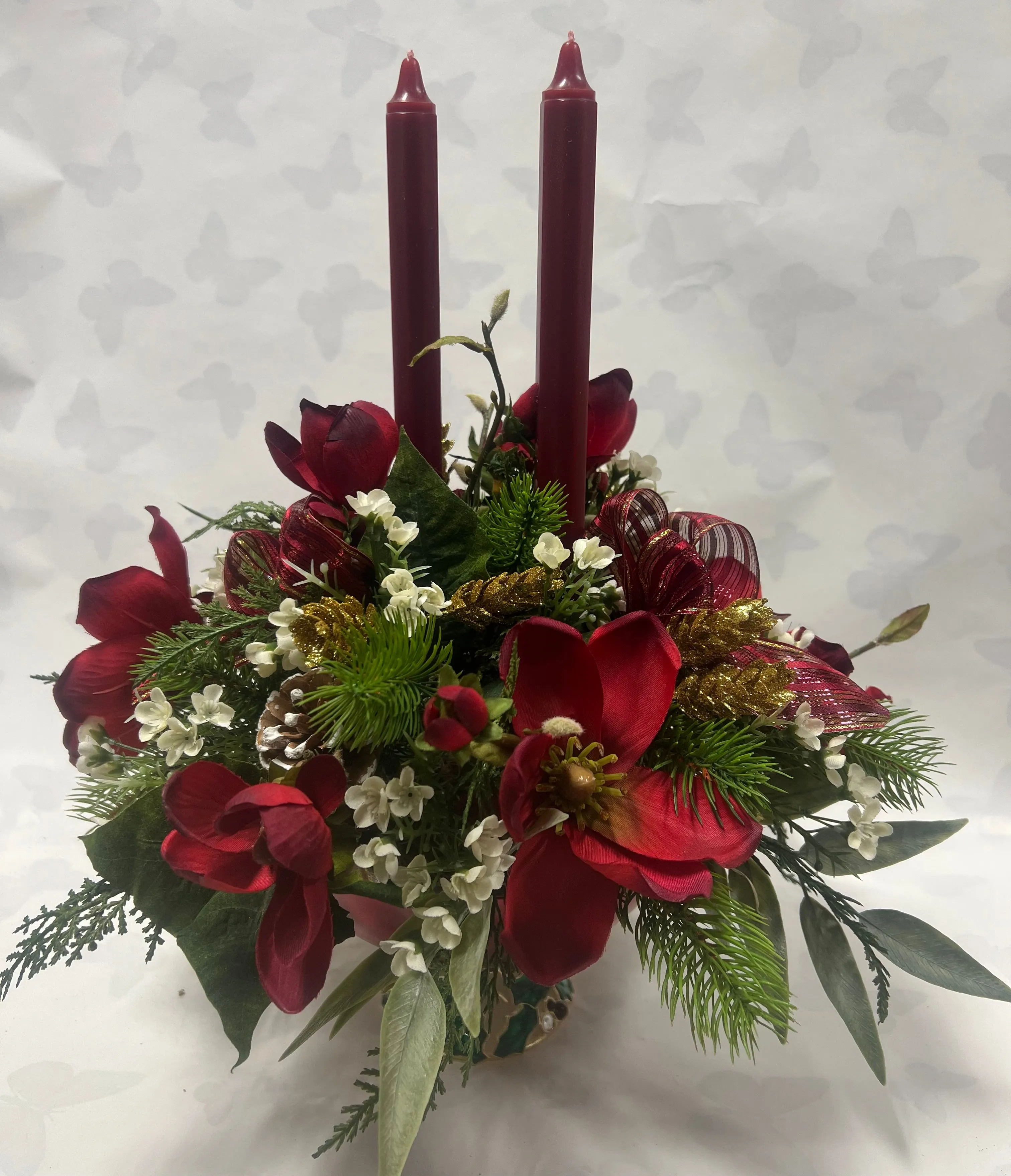 Artificial Christmas Arrangement - Pedestal Holly bowl