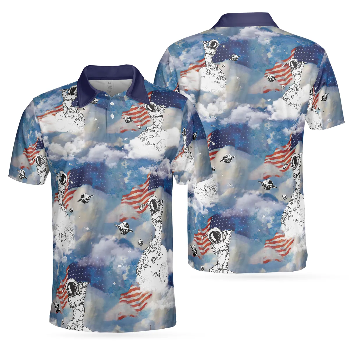 Astronaut Plays Golf In Space American Flag Polo Shirt, Cloud Golfing Polo Shirt, Best Golf Shirt For Men