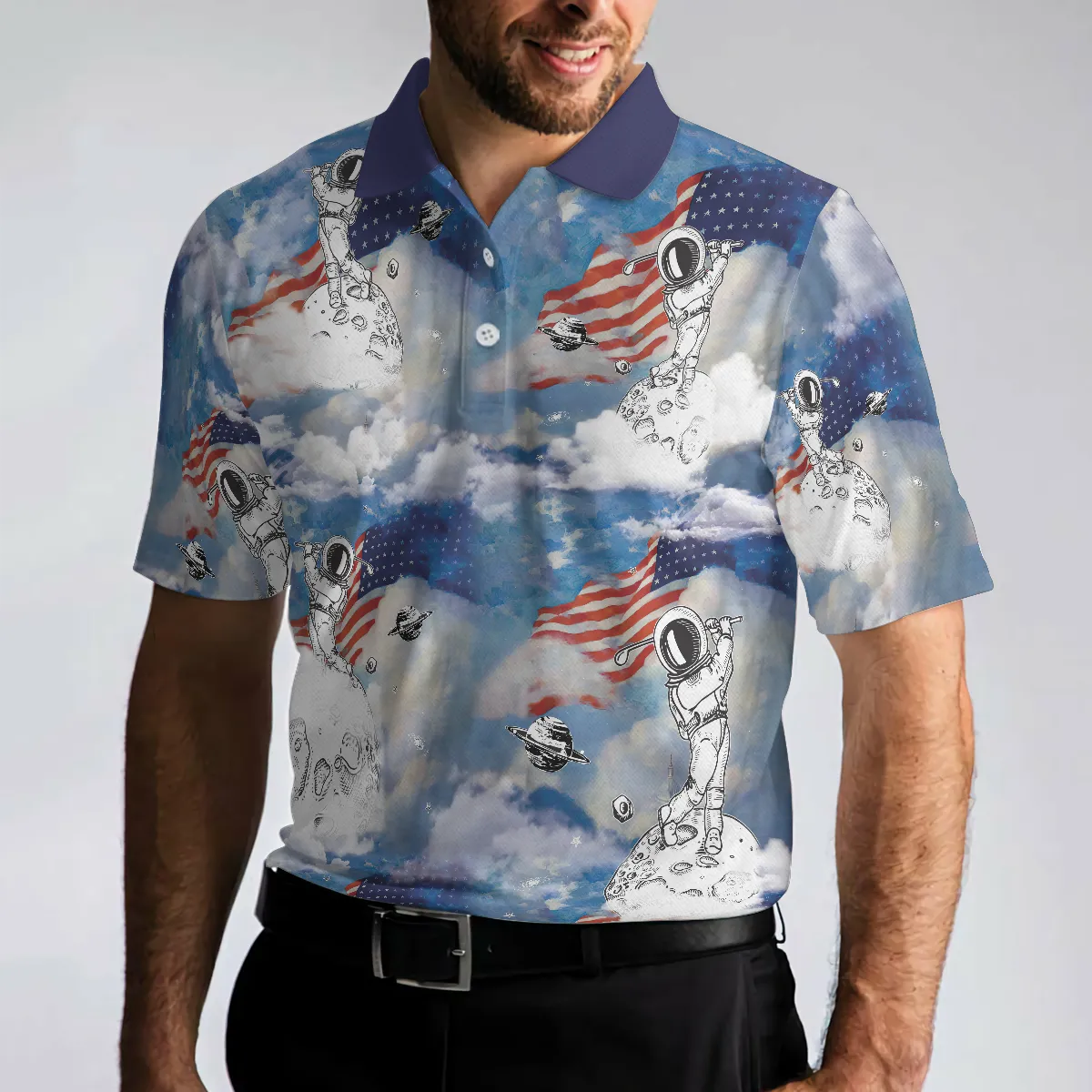 Astronaut Plays Golf In Space American Flag Polo Shirt, Cloud Golfing Polo Shirt, Best Golf Shirt For Men