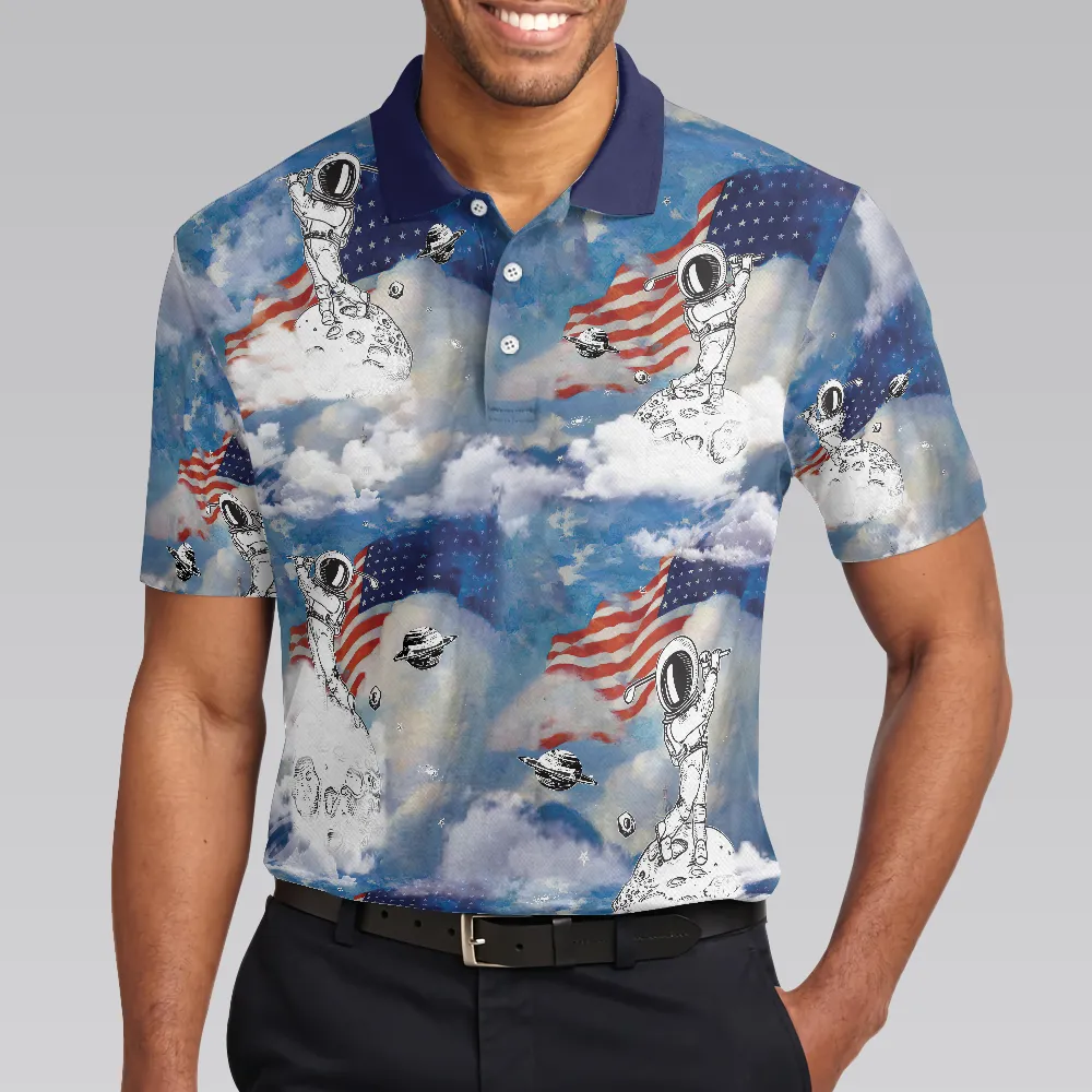 Astronaut Plays Golf In Space American Flag Polo Shirt, Cloud Golfing Polo Shirt, Best Golf Shirt For Men