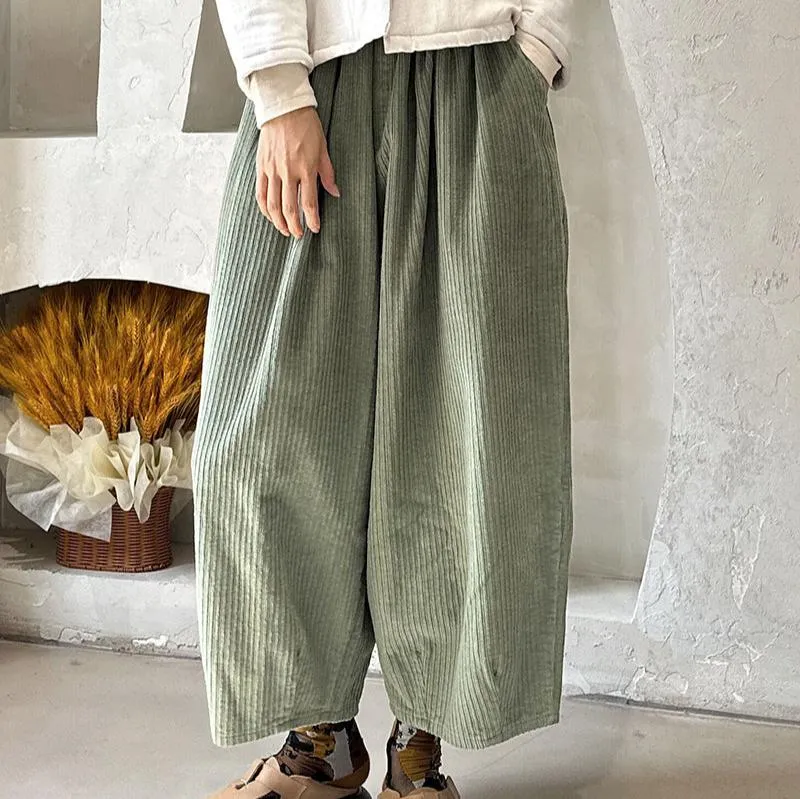 Babakud Women Autumn Retro Cotton Corduroy Elastic Waist Bloomers