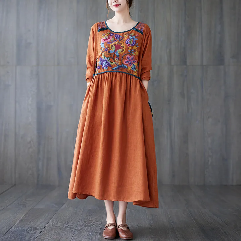 Babakud Women Autumn Retro Embroidery Cotton Linen Dress