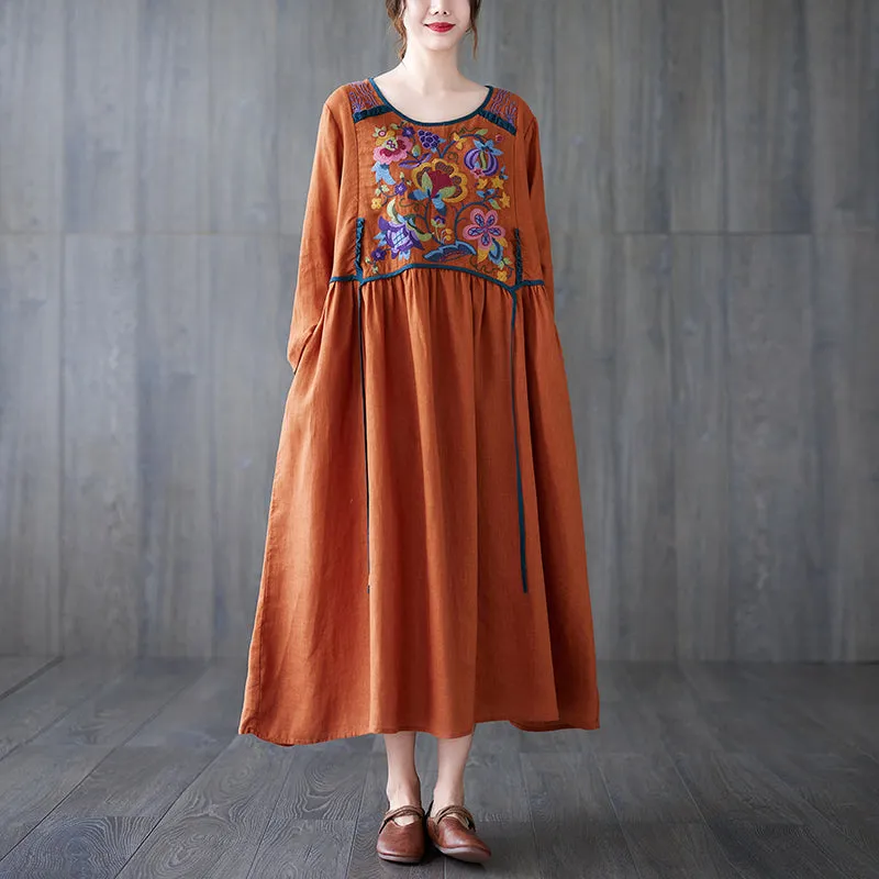 Babakud Women Autumn Retro Embroidery Cotton Linen Dress