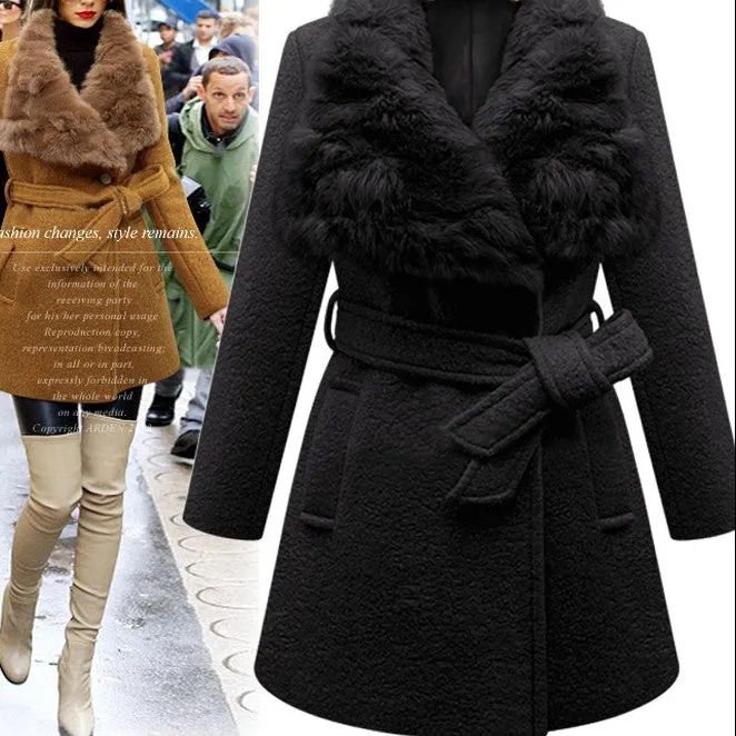 Bandage Long Sleeve Fur Collar Woolen Coat