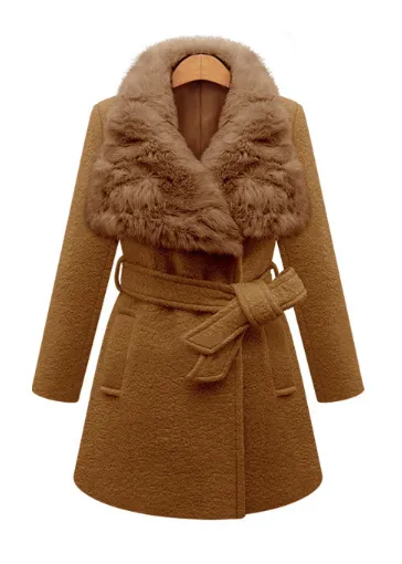 Bandage Long Sleeve Fur Collar Woolen Coat