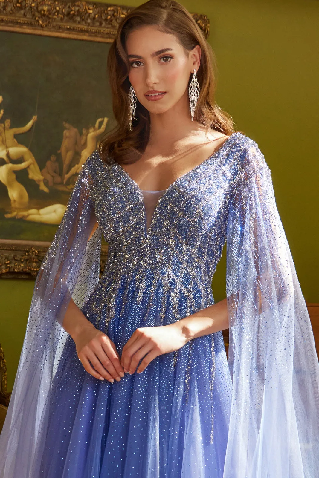 Beaded Cape Sleeve A-line Gown by GLS Gloria GL3606