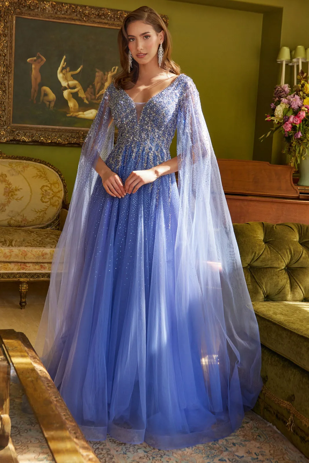 Beaded Cape Sleeve A-line Gown by GLS Gloria GL3606