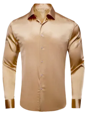 Beige Shiny Men's Button Up Shirt Long Sleeves Slim Fit Satin Material