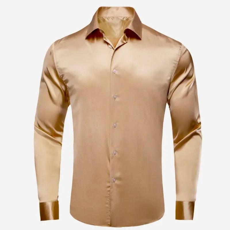 Beige Shiny Men's Button Up Shirt Long Sleeves Slim Fit Satin Material