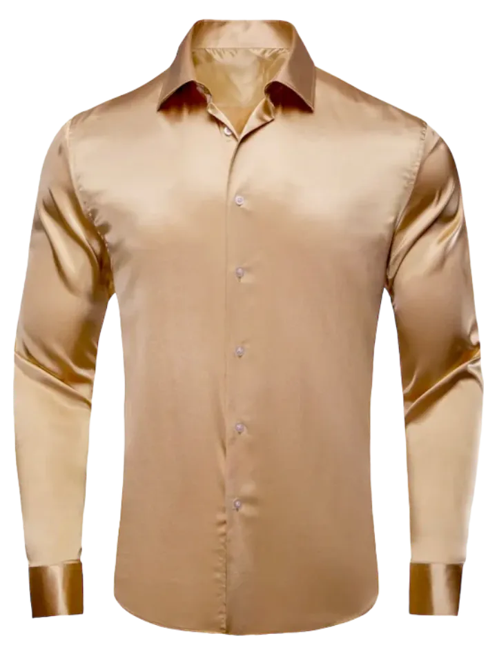 Beige Shiny Men's Button Up Shirt Long Sleeves Slim Fit Satin Material