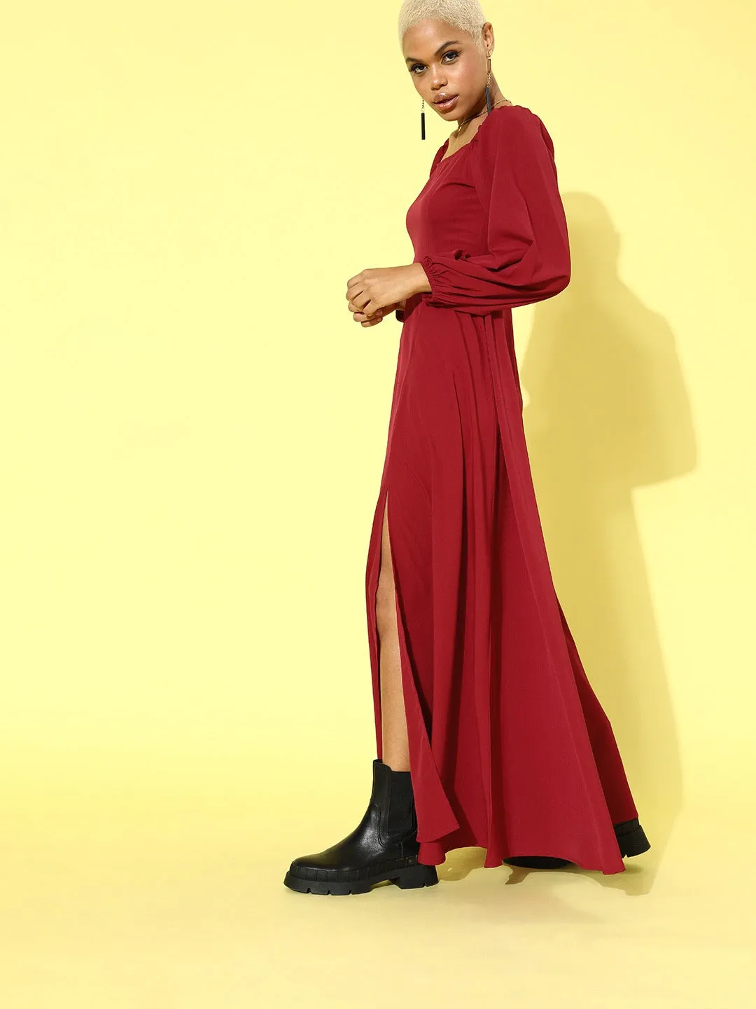 Berrylush Women Solid Red Puffed Sleeve Maxi Dress