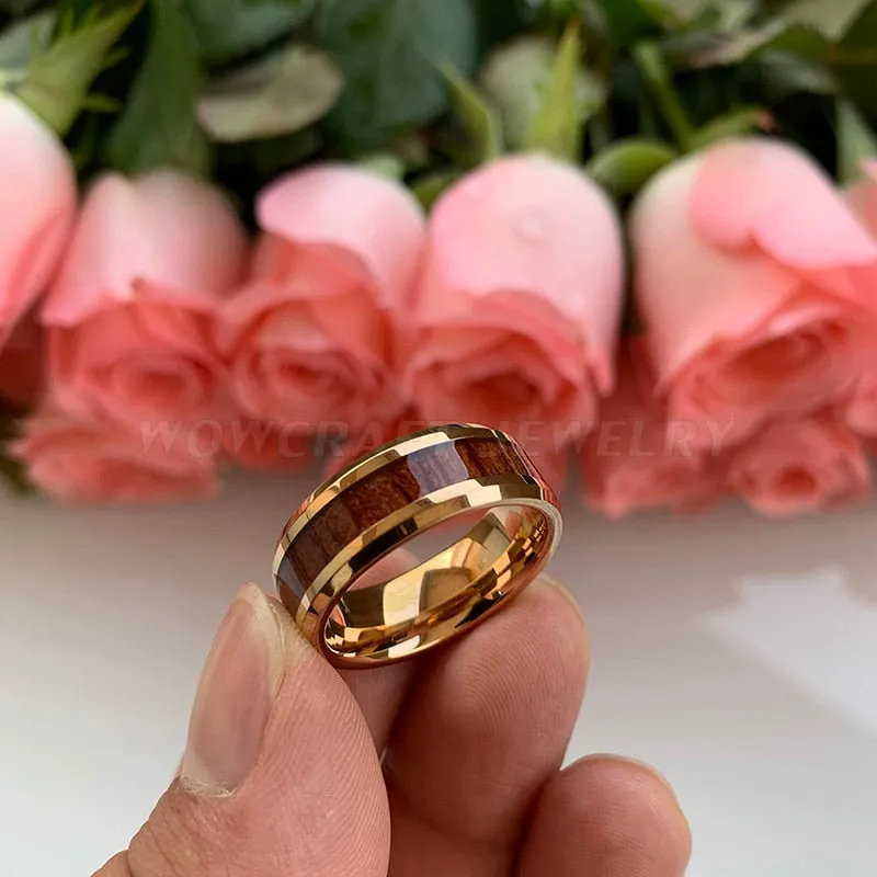 Beveled Edge 8mm Rose Gold & Koa Wood Inlay Tungsten Ring