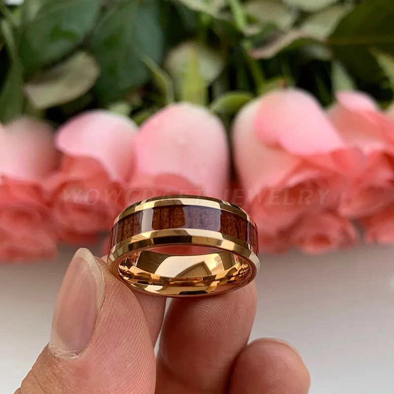 Beveled Edge 8mm Rose Gold & Koa Wood Inlay Tungsten Ring