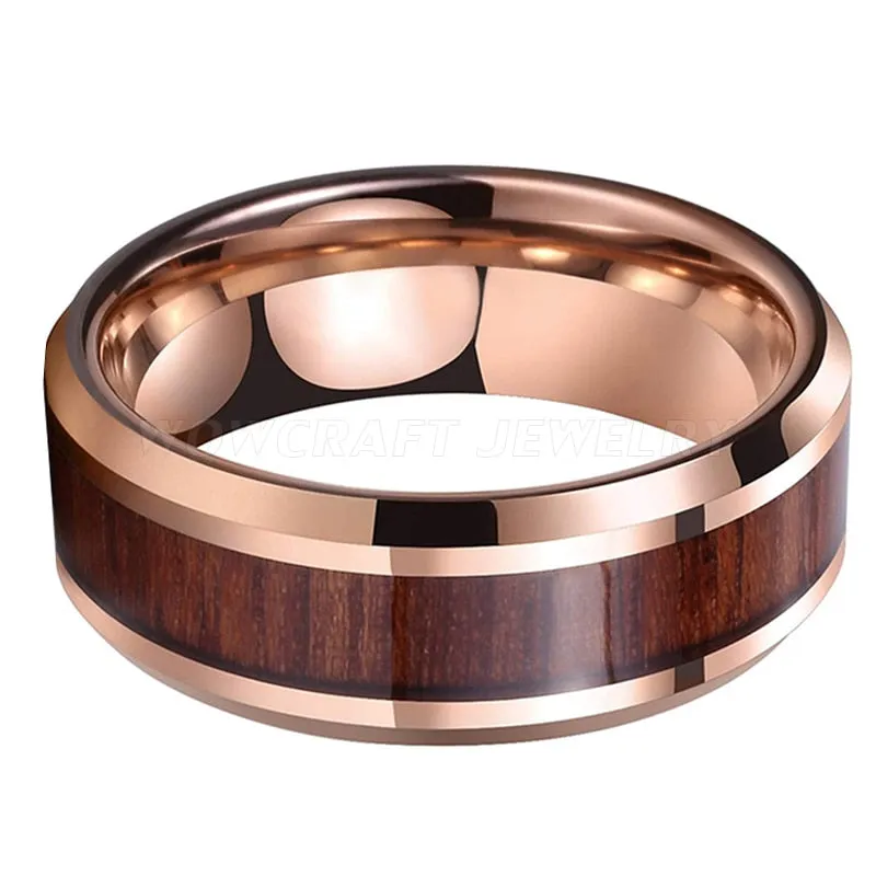 Beveled Edge 8mm Rose Gold & Koa Wood Inlay Tungsten Ring