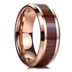 Beveled Edge 8mm Rose Gold & Koa Wood Inlay Tungsten Ring