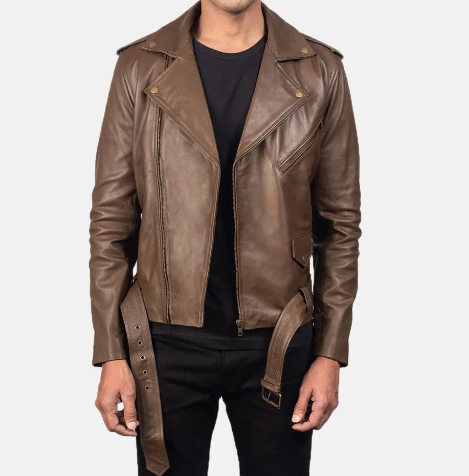 BIKER-1409 MUSH Genuine Mocha Leather Biker Jacket