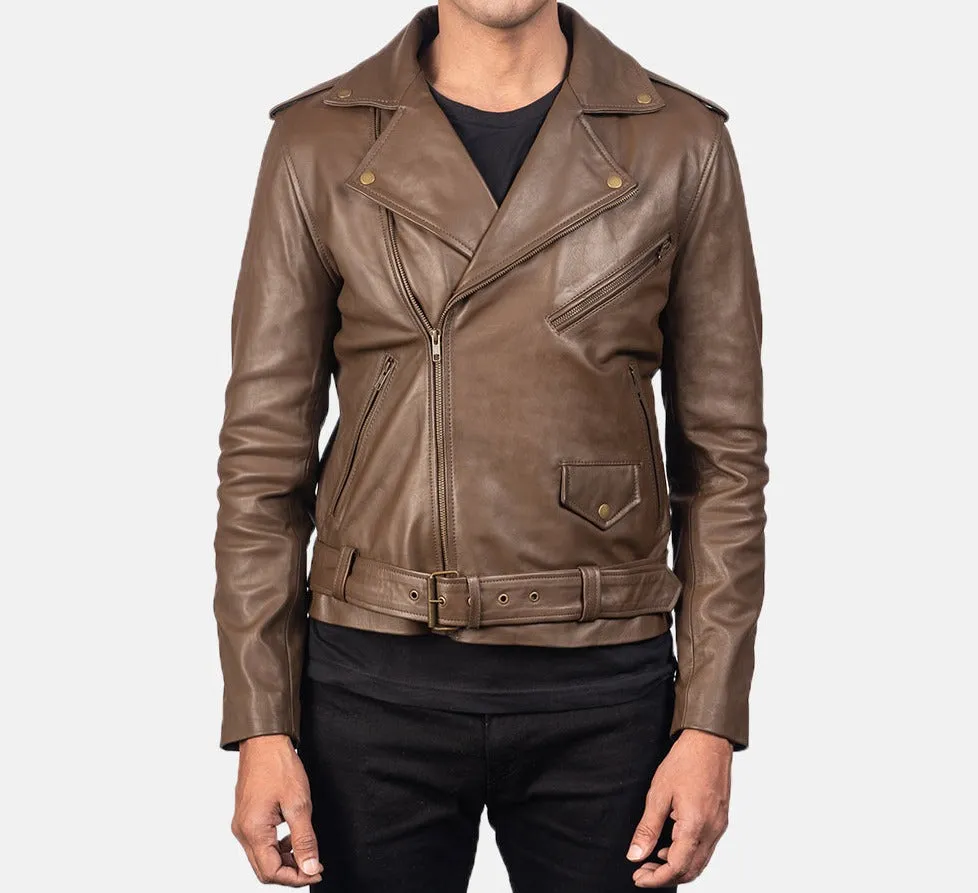 BIKER-1409 MUSH Genuine Mocha Leather Biker Jacket