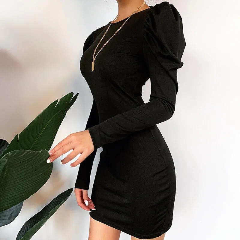 Black Backless Puff Sleeve Bodycon Strap Mini Dress