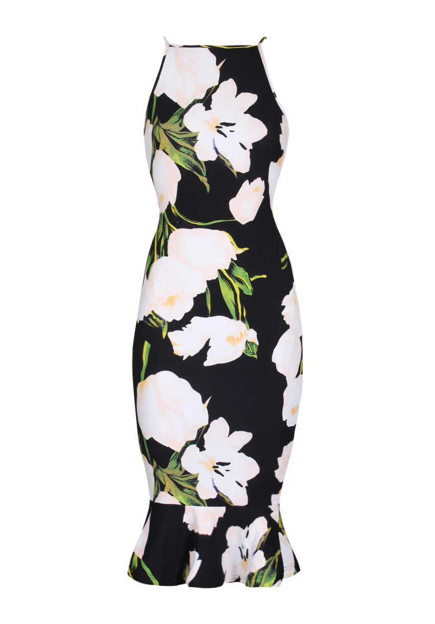 Black Floral Fishtail Hem Midi Dress