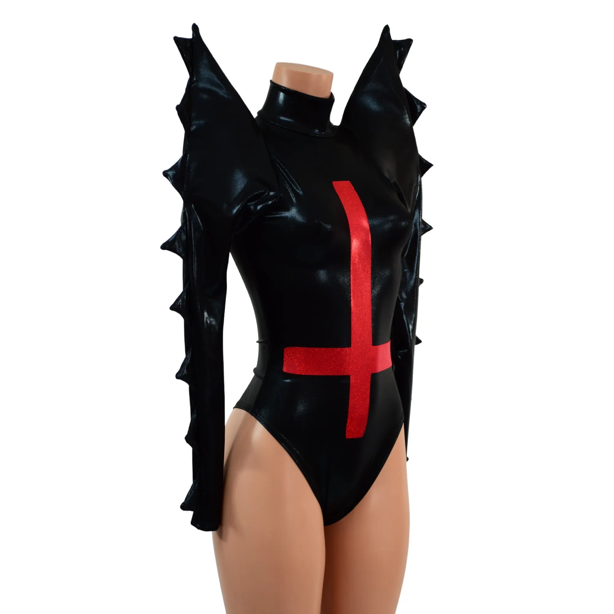 Black Mystique Spiked Romper with Inverted Cross