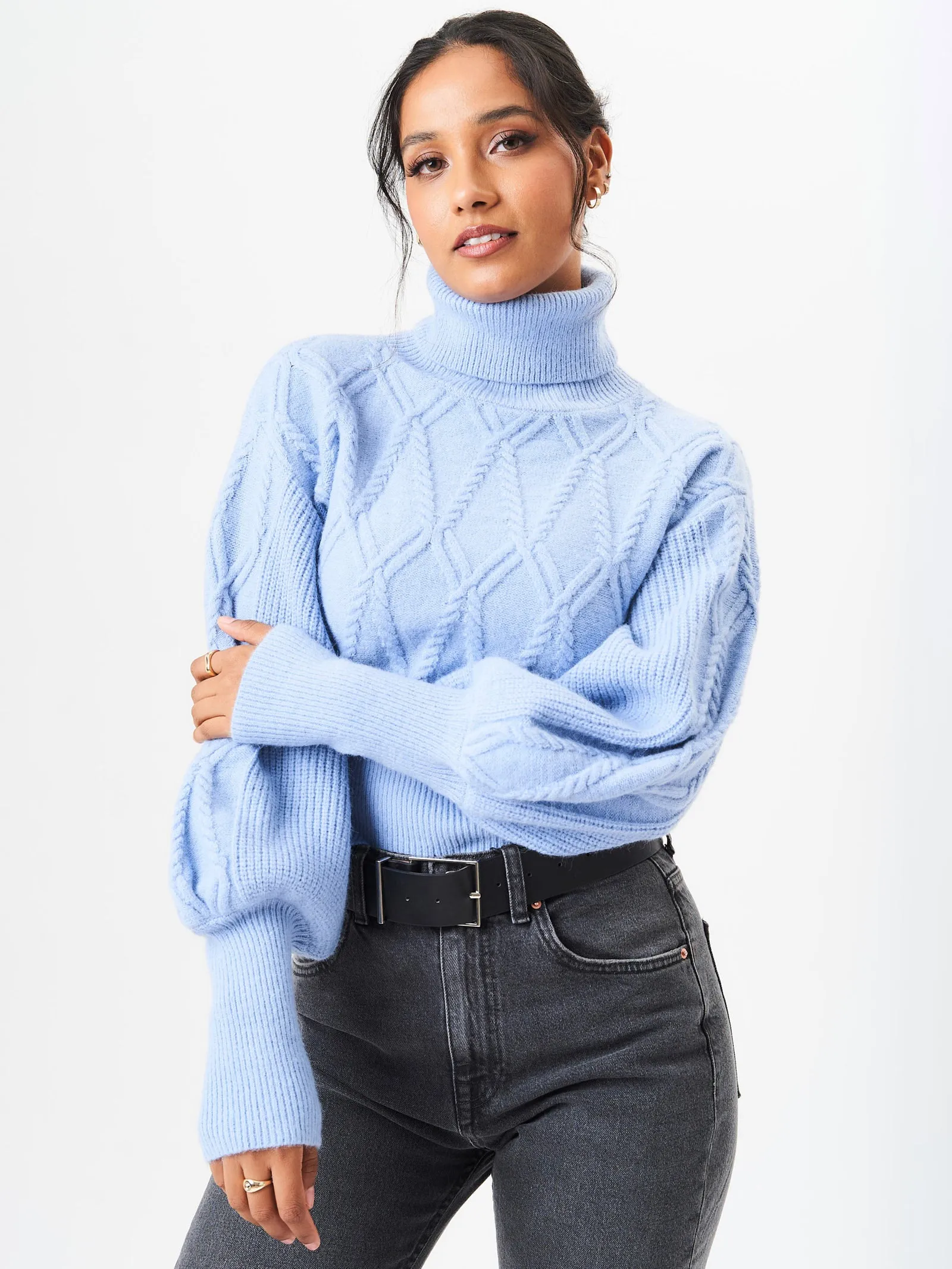 Blue High Neck Knit Crop Jumper