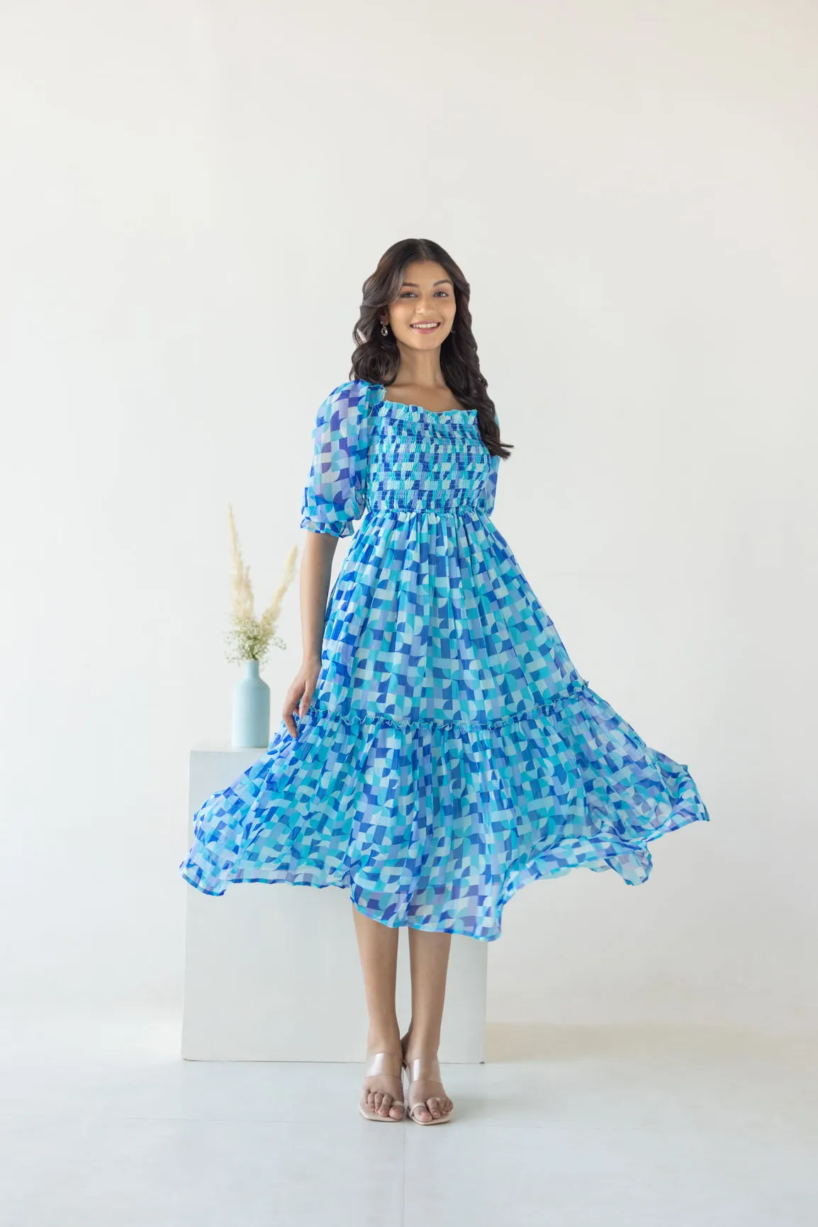 BLUE SMOCKED MOSAIC MAXI