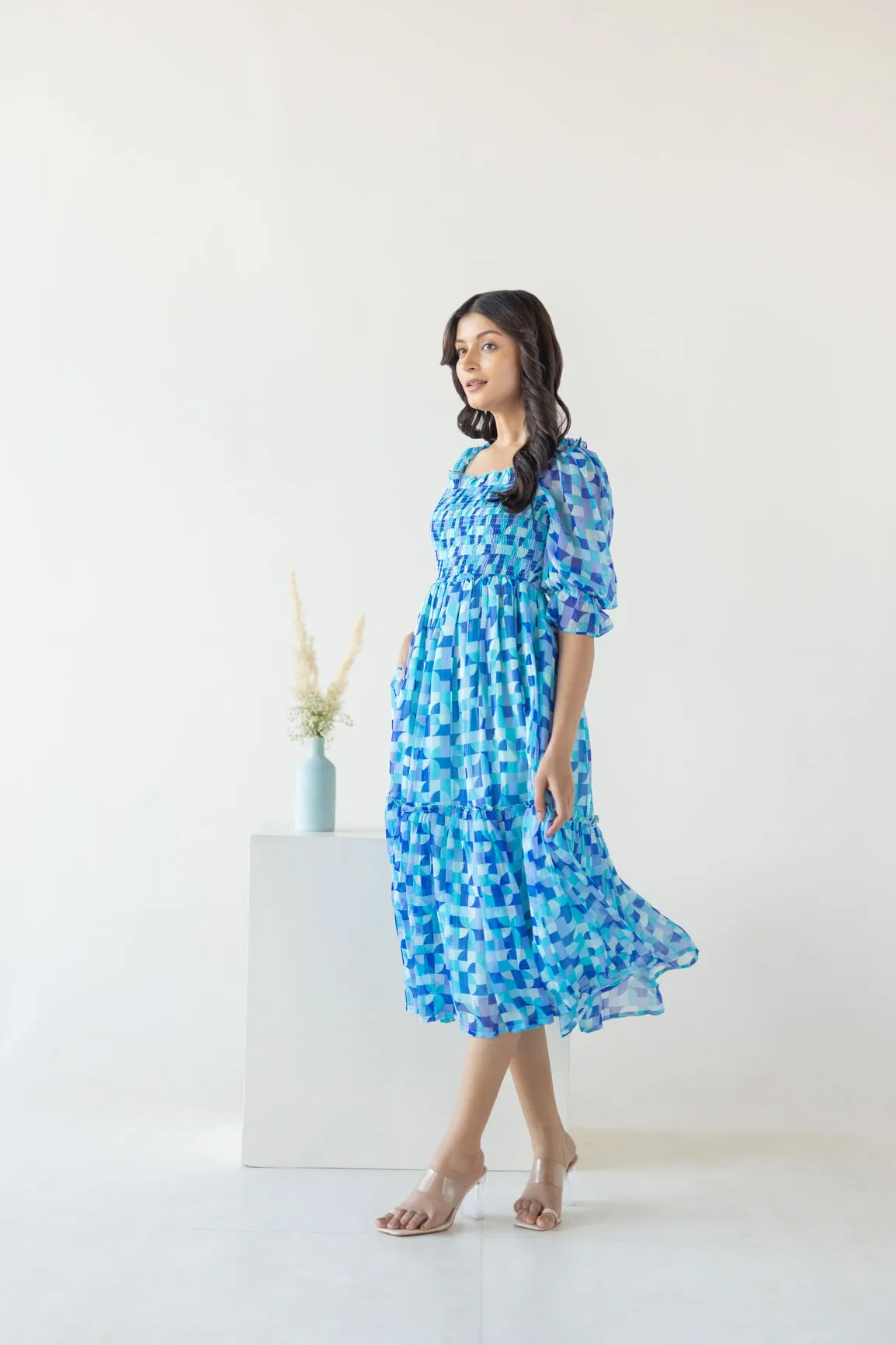 BLUE SMOCKED MOSAIC MAXI