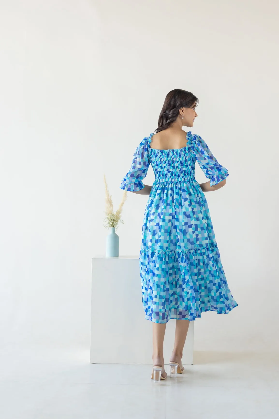 BLUE SMOCKED MOSAIC MAXI