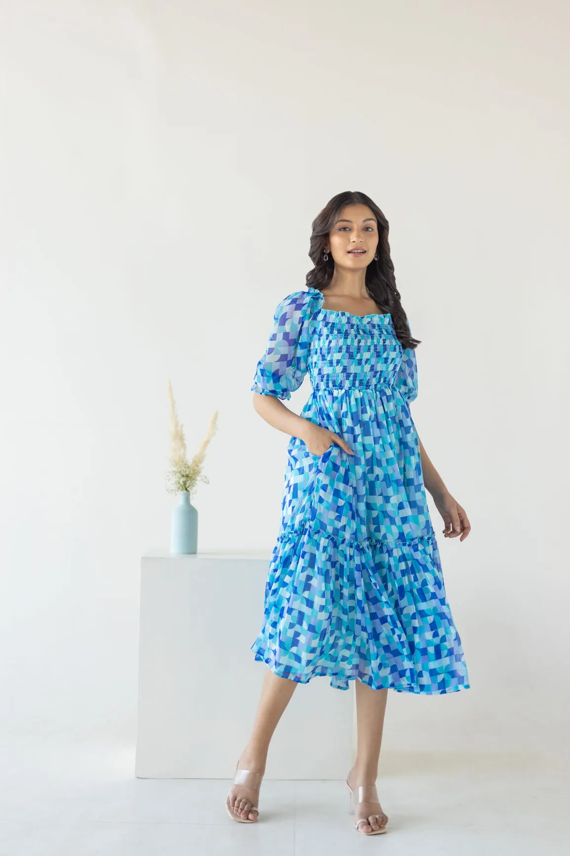 BLUE SMOCKED MOSAIC MAXI